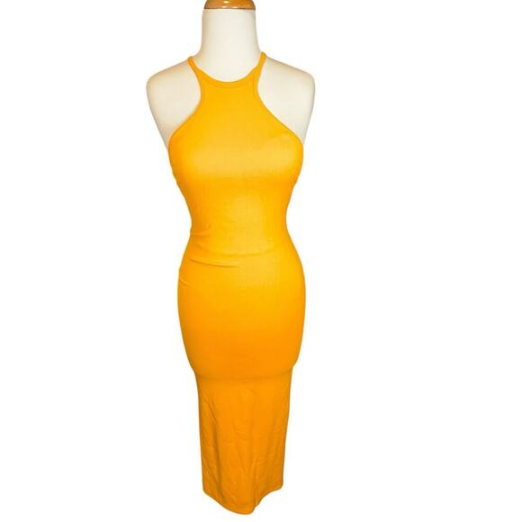 Zara Dress Mustard Yellow Midi Dress Ribbed Knit Size Small 90% Polyamide 10% El - Picture 1 of 9